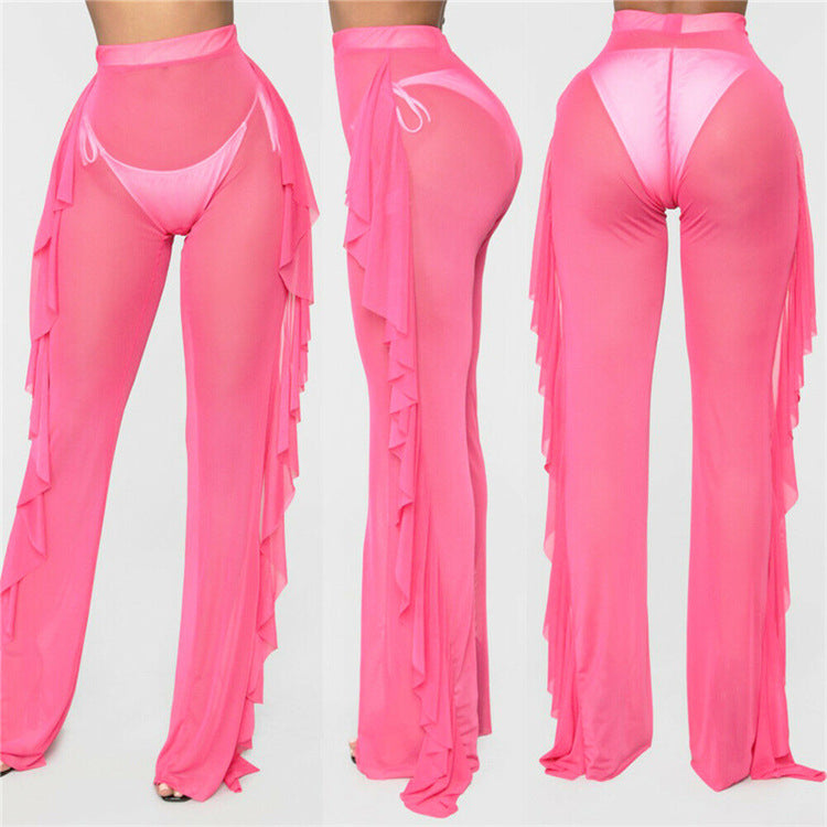 Ruffled Solid Color Casual Sexy Yarn Pants See through Women Beach Vacation Trousers