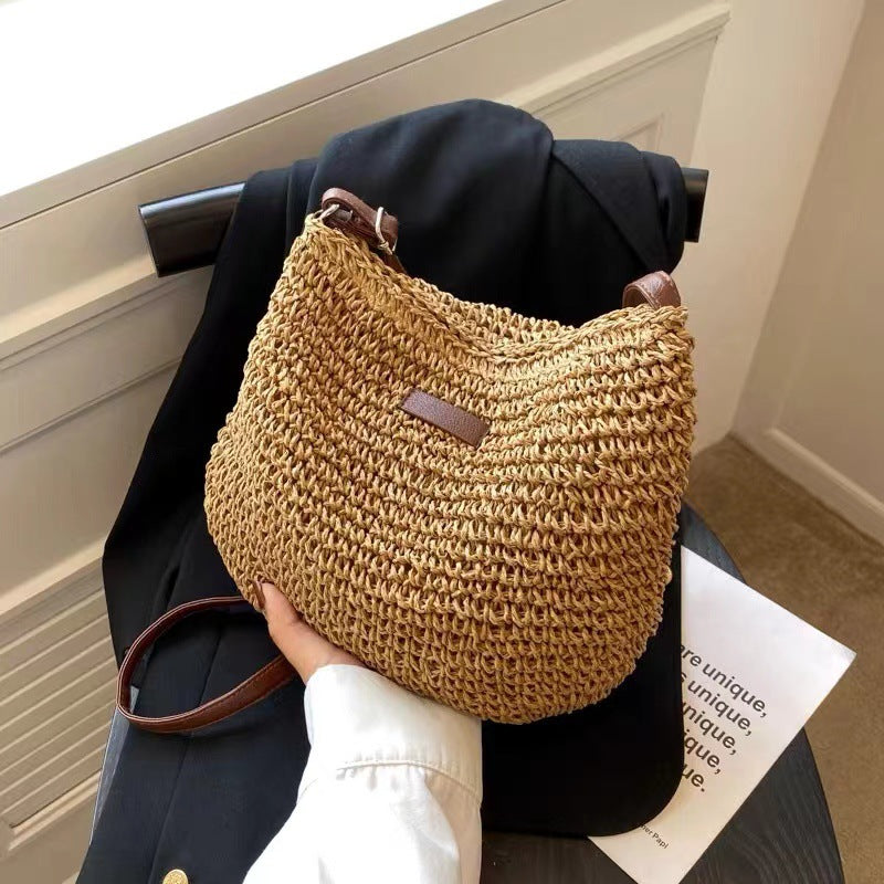 Crossbody Straw Bag Simple Shoulder Straw Bag Woven Bag Vacation Beach Bag All Match Women Bag
