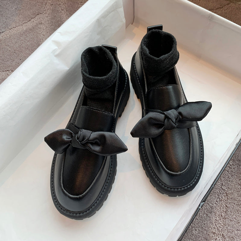 Small bow leather shoes female British style Korean version Versatile student 2023 new pattern Spring shoes Thick heel shoes