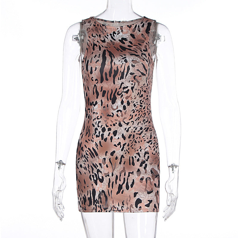 Women Clothing Summer Sexy Sleeveless Leopard Print Slim Fit Hip Wrapped Short Dress