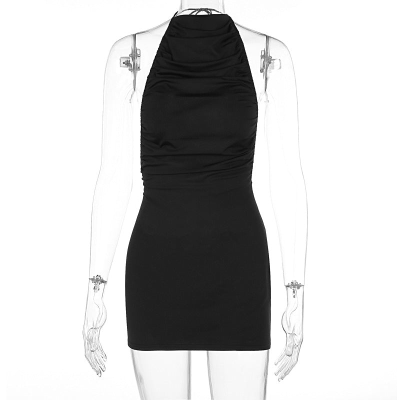 Spring Sexy Lace up Halterneck Backless Solid Color Sexy Hip Dress Women