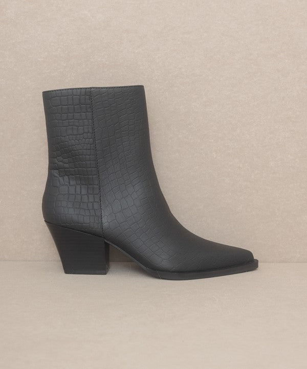 Leather ankle boots with square toe, stacked wooden block heel, side zipper closure, and slip-on style