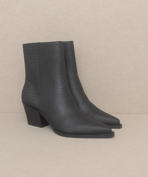 Leather ankle boots with square toe, stacked wooden block heel, side zipper closure, and slip-on style
