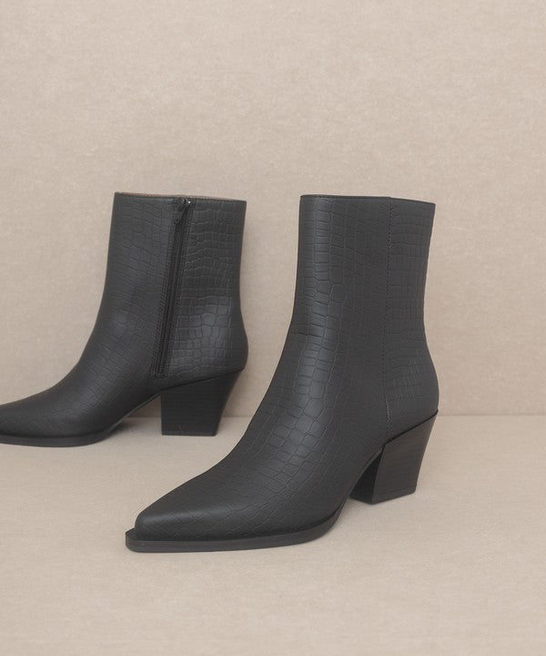Leather ankle boots with square toe, stacked wooden block heel, side zipper closure, and slip-on style