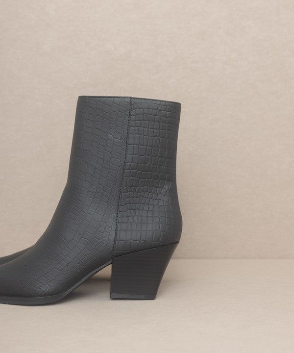 Leather ankle boots with square toe, stacked wooden block heel, side zipper closure, and slip-on style