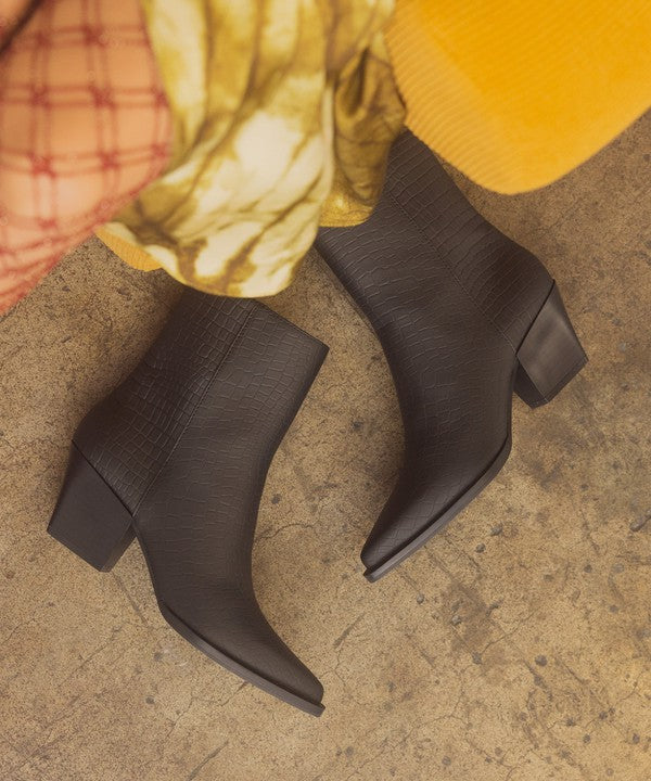 Leather ankle boots with square toe, stacked wooden block heel, side zipper closure, and slip-on style