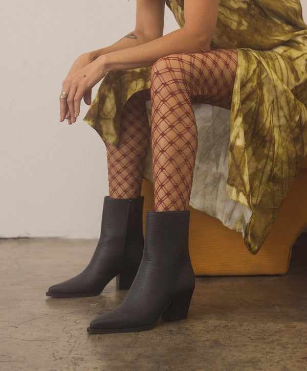 Leather ankle boots with square toe, stacked wooden block heel, side zipper closure, and slip-on style