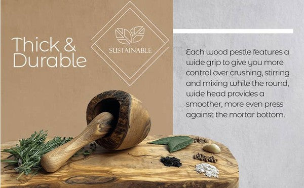 The olive wood rustic mortar and pestle-1 is a sturdy, natural-toned kitchen tool crafted from olive wood, showcasing unique grain patterns and a compact, traditional design for grinding herbs and spices.