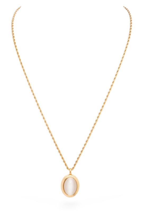 A gold necklace with a pendant. The pendant is circular with a light pink stone in the center, surrounded by gold.