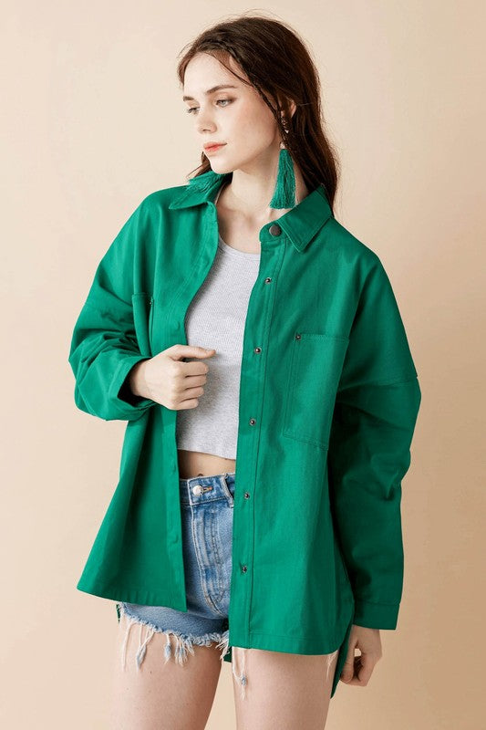 Non-stretch fabric offers structure with an oversized silhouette.