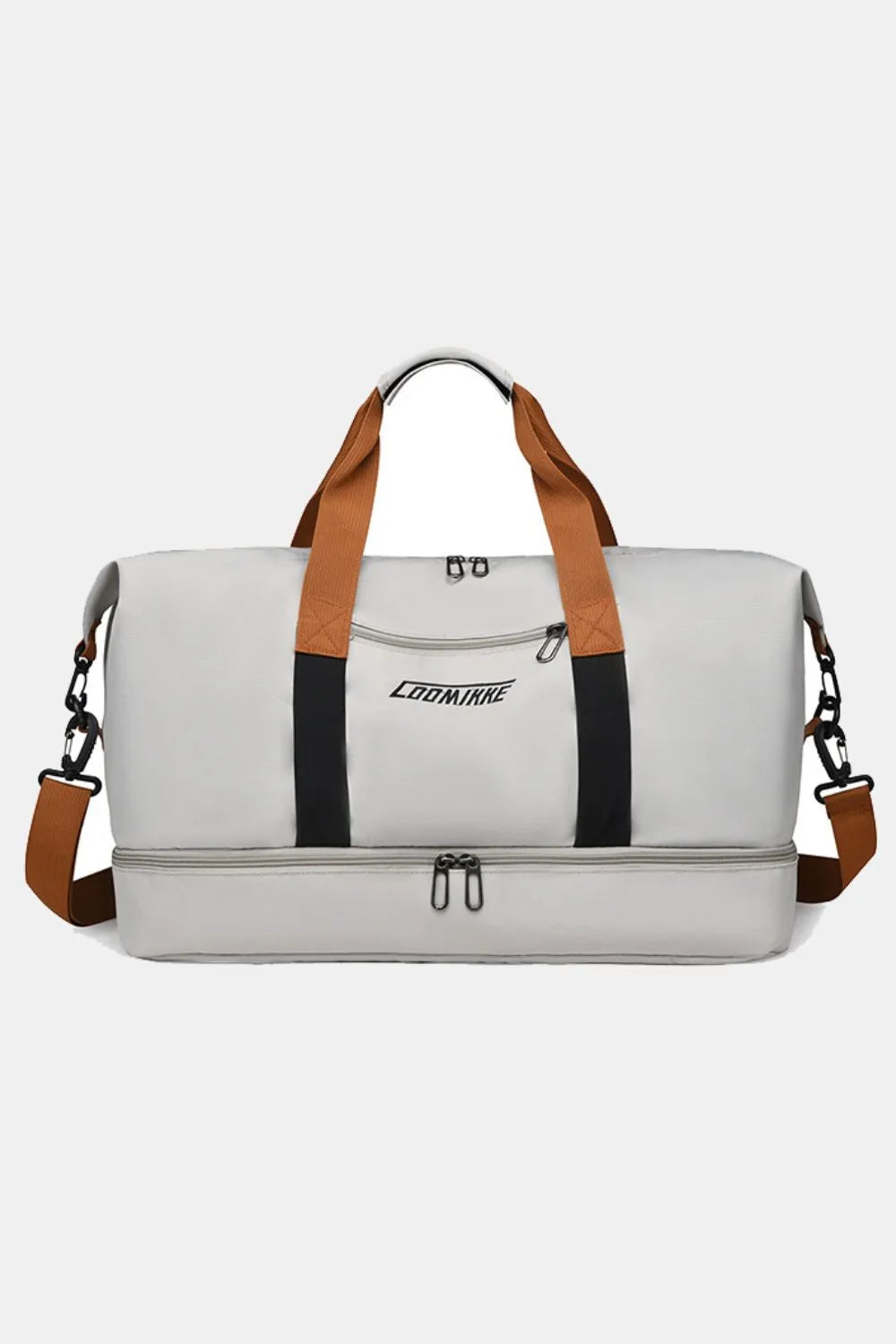 Large white duffel bag with brown and black straps, featuring a bottom zipper compartment and “CONNMAY” branding. Ideal for travel or gym use.