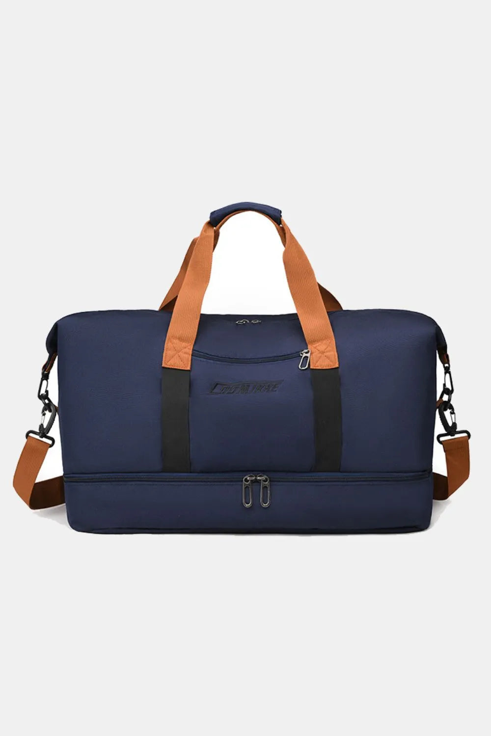 Navy blue duffel bag with brown handles, detachable shoulder strap, and bottom zip compartment. Features a front zip pocket and “Cottinfab” branding—sleek, spacious, and ideal for travel or gym use.