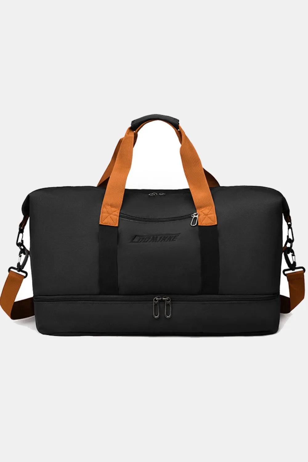 Black duffel bag with brown handles, detachable shoulder strap, and bottom zip compartment. Features a front zip pocket and “Cottinfab” branding—sleek, spacious, and ideal for travel or gym use.