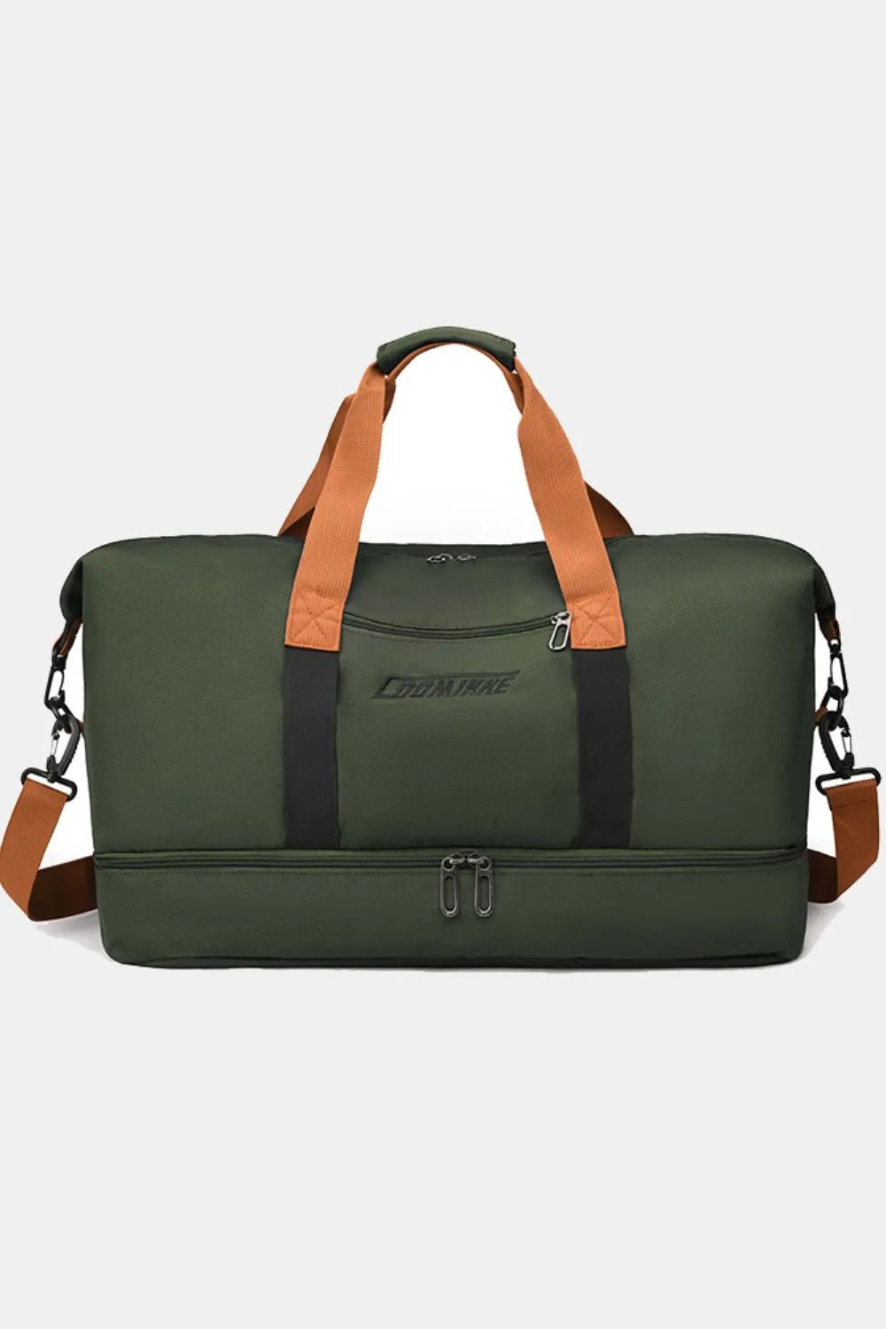 Green duffel bag with brown handles, black support straps, and a brown adjustable shoulder strap. Features top and bottom zip compartments with “CINMATE” branding—durable and ideal for travel or gym use.