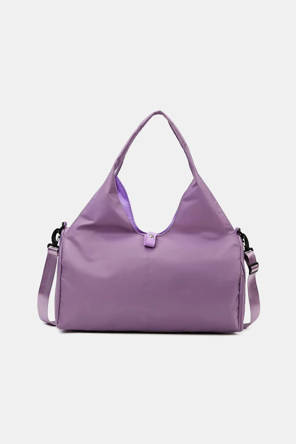 Lavender handbag with a soft texture and unique triangular handle, featuring a detachable shoulder strap. Stylish and spacious—great for casual or everyday use.