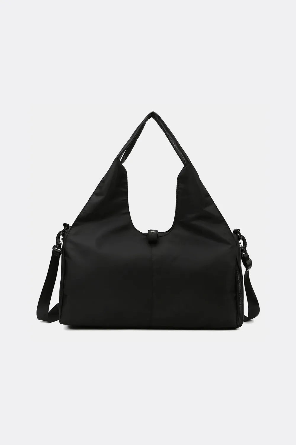 Black handbag with a soft texture and unique triangular handle, featuring a detachable shoulder strap. Stylish and spacious—great for casual or everyday use.