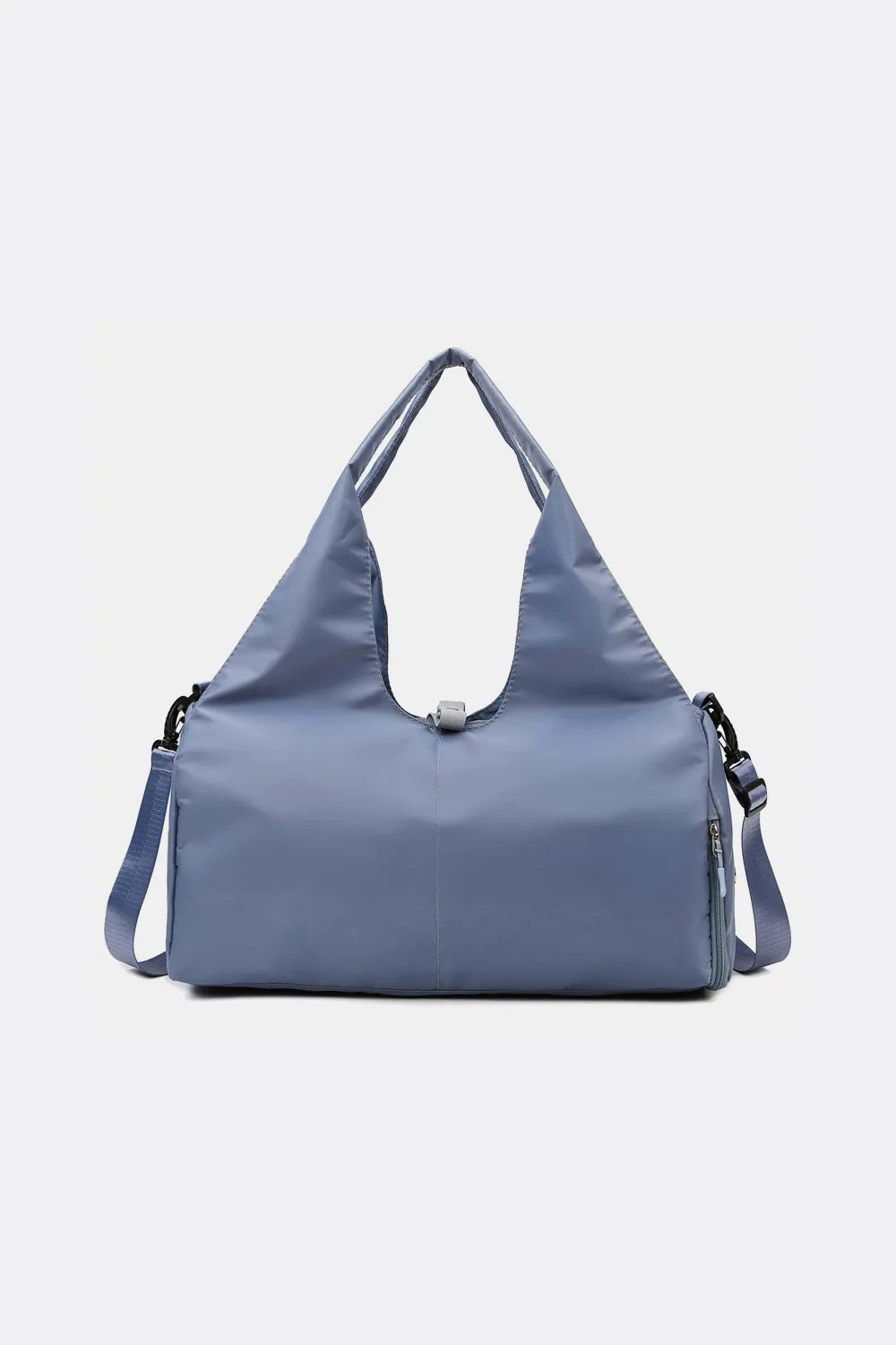 Muted blue handbag with a triangular shape, dual handles, and a detachable shoulder strap. Sleek and modern—ideal for everyday or travel use.