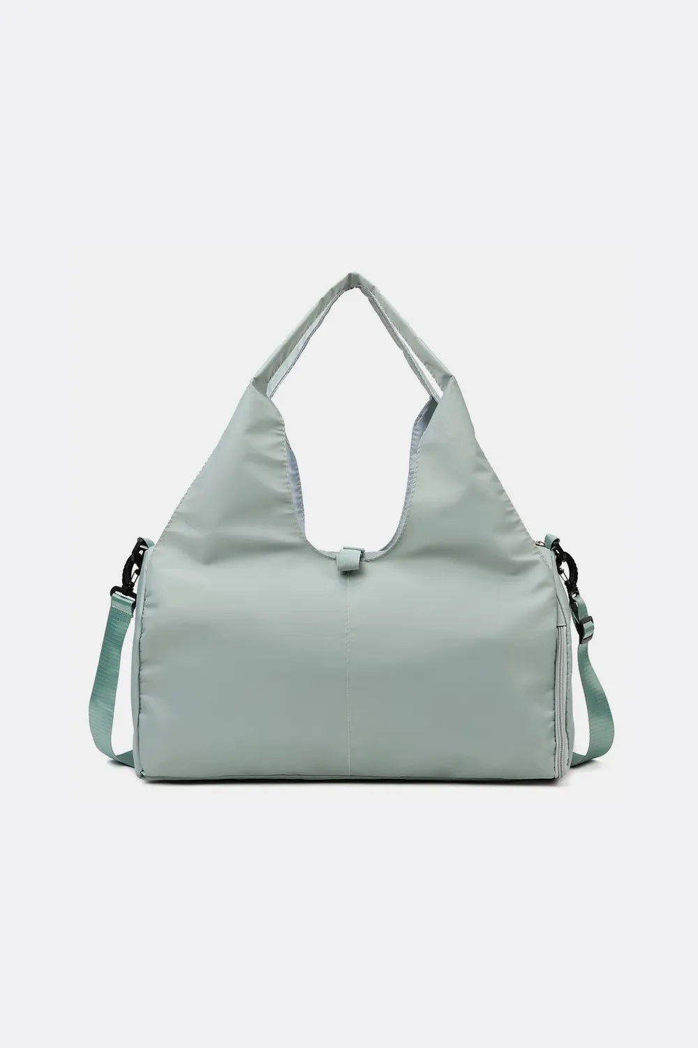 Green blue handbag with a triangular shape, dual handles, and a detachable shoulder strap. Sleek and modern—ideal for everyday or travel use.