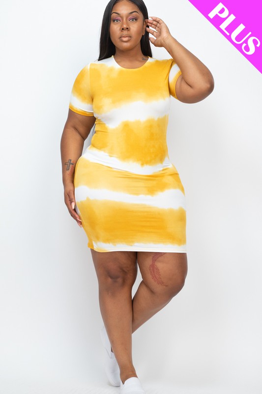 Woman wearing a stripe tie-dye midi dress with short sleeves and lace detail, styled against a white background