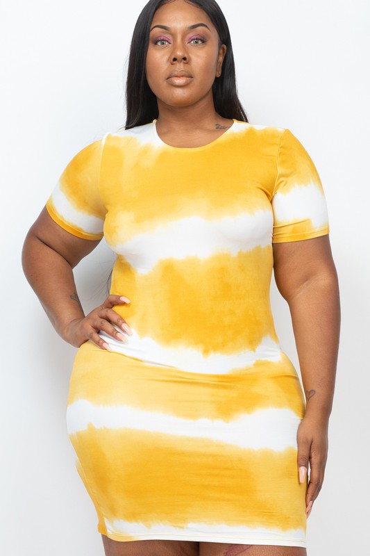 Woman wearing a stripe tie-dye midi dress with short sleeves and lace detail, styled against a white background
