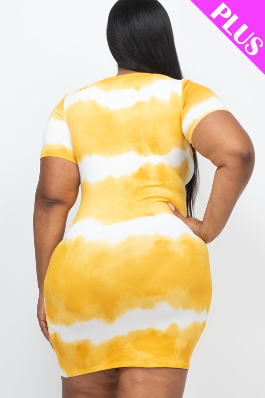 Woman wearing a stripe tie-dye midi dress with short sleeves and lace detail, styled against a white background
