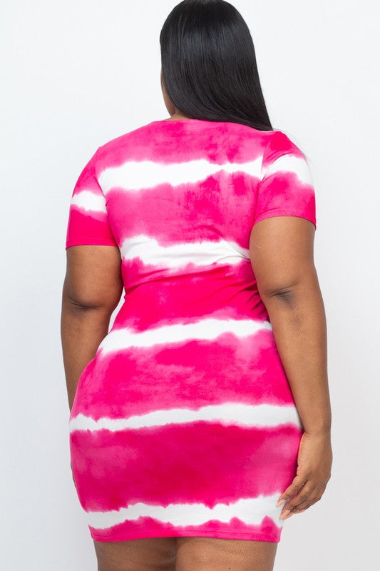 Woman wearing a stripe tie-dye midi dress with short sleeves and lace detail, styled against a white background