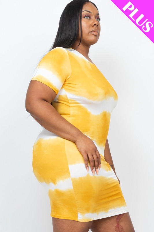 Woman wearing a stripe tie-dye midi dress with short sleeves and lace detail, styled against a white background