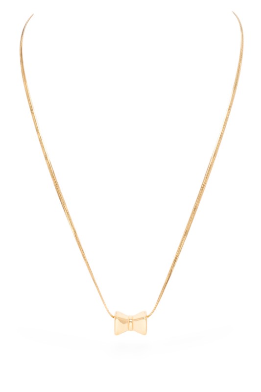 Gold necklace featuring a polished bow-shaped pendant with a sleek and minimal design.
