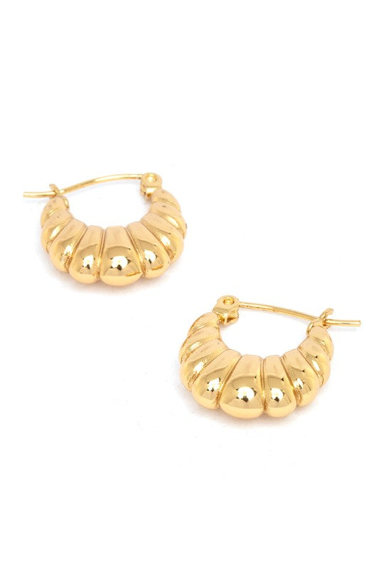 Gold hoop earrings with a twisted rope design, featuring rounded spiral segments for a textured, dimensional look, classic, elegant, and perfect for everyday or dressy wear.