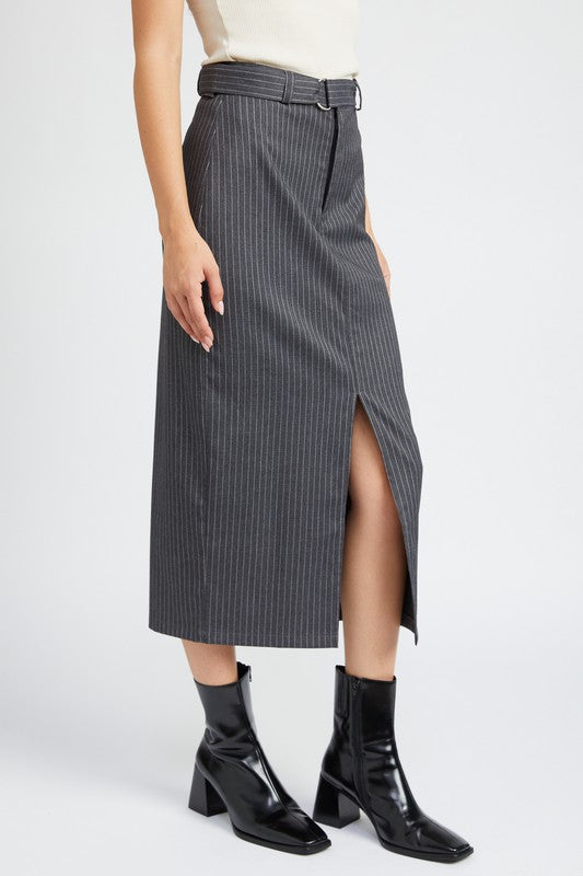 gray pinstripe skirt with a belt