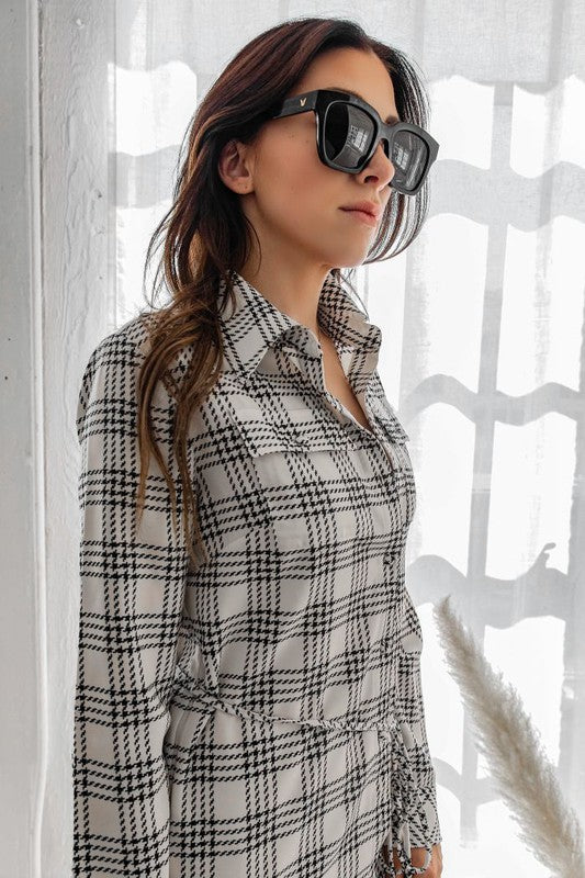 Rodeo plaid print midi shirt dress with button-down front, short sleeves, and collared neckline — casual yet polished style