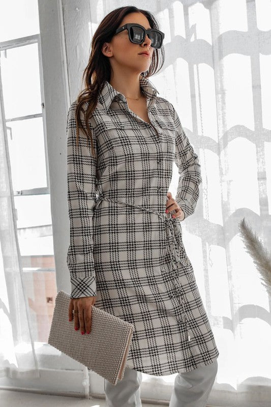 Rodeo plaid print midi shirt dress with button-down front, short sleeves, and collared neckline — casual yet polished style