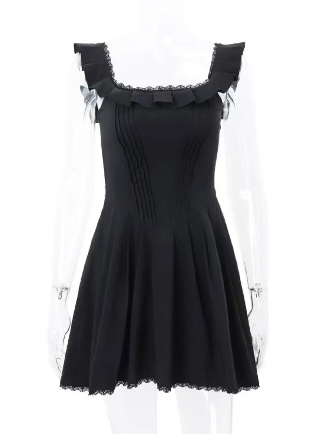 Square neck pleated mini dress with sleeveless design and structured pleats — stylish and flattering for day or evening wear