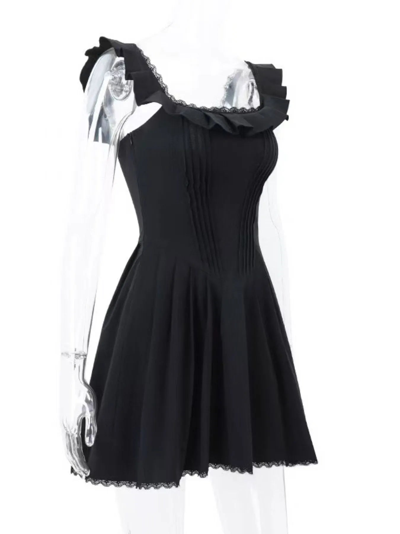 Square neck pleated mini dress with sleeveless design and structured pleats — stylish and flattering for day or evening wear