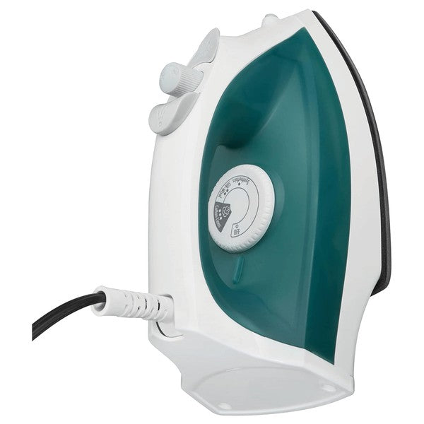 White and teal Proctor Silex steam iron with black soleplate and ergonomic handle—featuring a central temperature dial and rear power cord with strain relief.