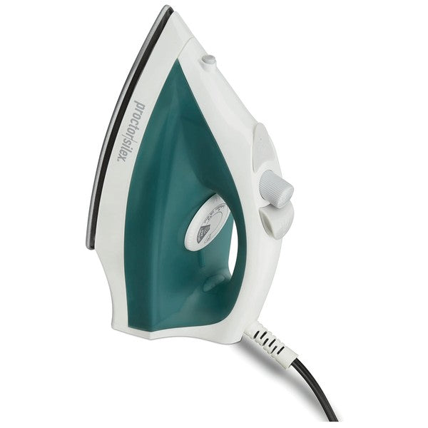 White and teal Proctor Silex steam iron with black soleplate and ergonomic handle—featuring a central temperature dial and rear power cord with strain relief.