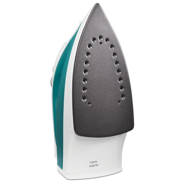 White and teal Proctor Silex steam iron with black soleplate and ergonomic handle—featuring a central temperature dial and rear power cord with strain relief.