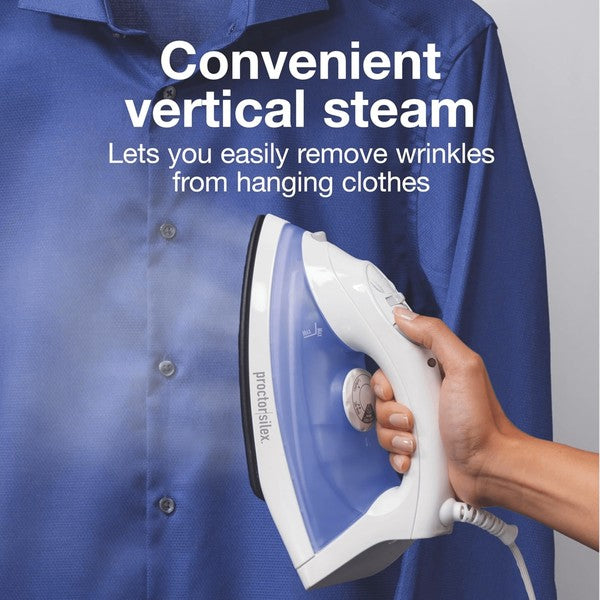White and blue Proctor Silex steam iron with a pointed soleplate, temperature dial, steam control knob, and rear power cord—designed for garment care and ironing.
