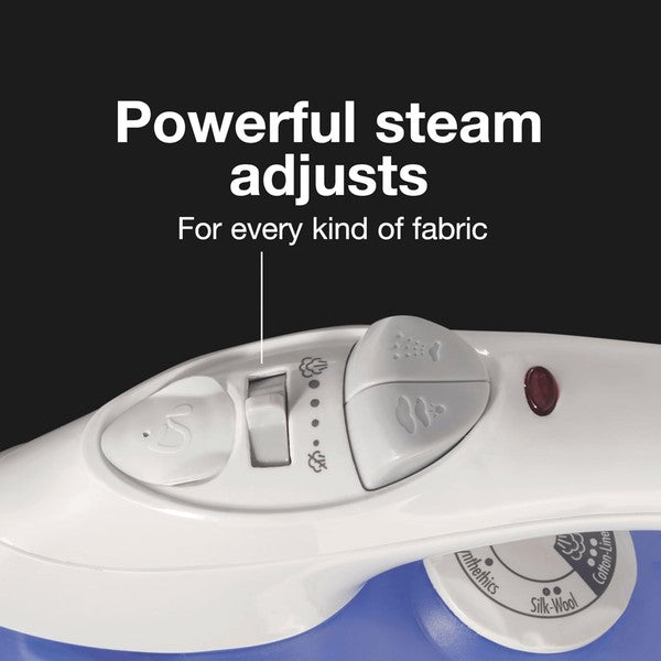 White and blue Proctor Silex steam iron with a pointed soleplate, temperature dial, steam control knob, and rear power cord—designed for garment care and ironing.