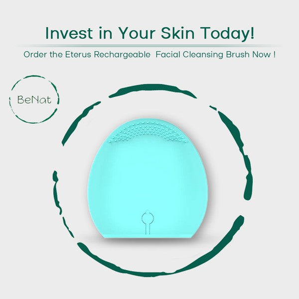 Handheld rechargeable silicone facial cleansing brush, typically egg-shaped, shown vibrating for deep pore cleansing and gentle exfoliation.