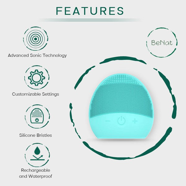 Handheld rechargeable silicone facial cleansing brush, typically egg-shaped, shown vibrating for deep pore cleansing and gentle exfoliation.