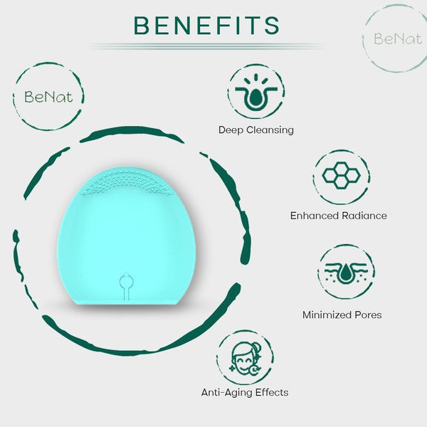 Handheld rechargeable silicone facial cleansing brush, typically egg-shaped, shown vibrating for deep pore cleansing and gentle exfoliation.