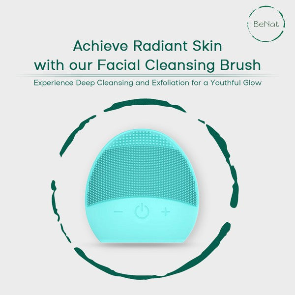 Handheld rechargeable silicone facial cleansing brush, typically egg-shaped, shown vibrating for deep pore cleansing and gentle exfoliation.