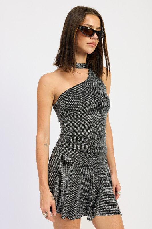 Trendy asymmetric neckline with statement scarf accent.