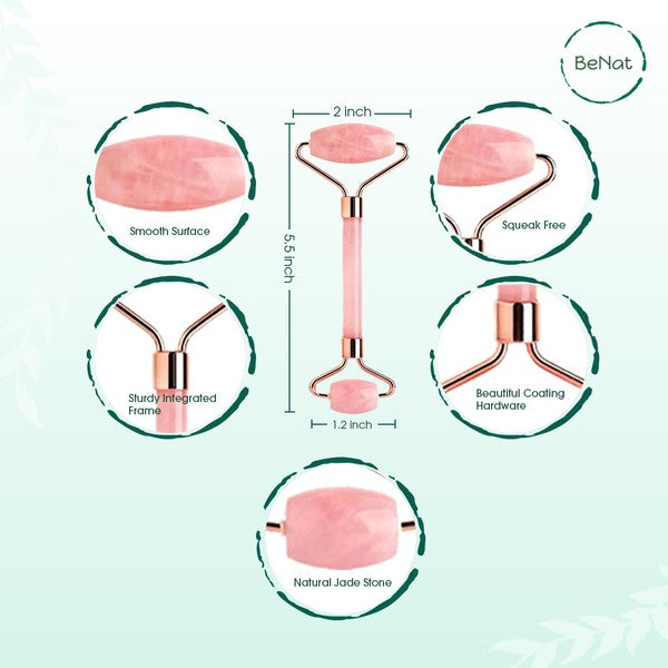 Rose Quartz Facial Roller with dual-ended design for facial massage and skincare enhancement