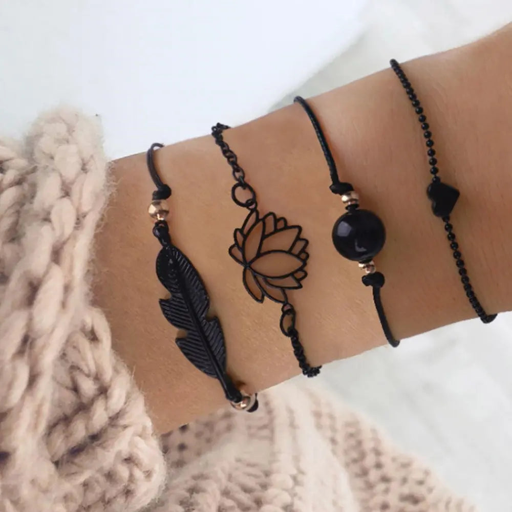 4pcs Bracelet Set Ladies Dark Wind Alloy Spray Paint Leaves Lotus Flower Peach Heart Accessories Combination Jewelry