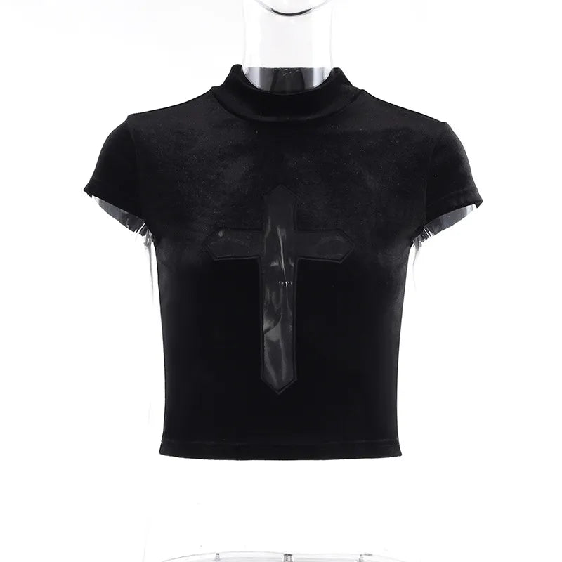 Goth Dark Cross Sheer Mall Gothic Women T-shirts Grunge Aesthetic Punk Sexy Emo Black Top Streetwear Fashion Alternative Clothes