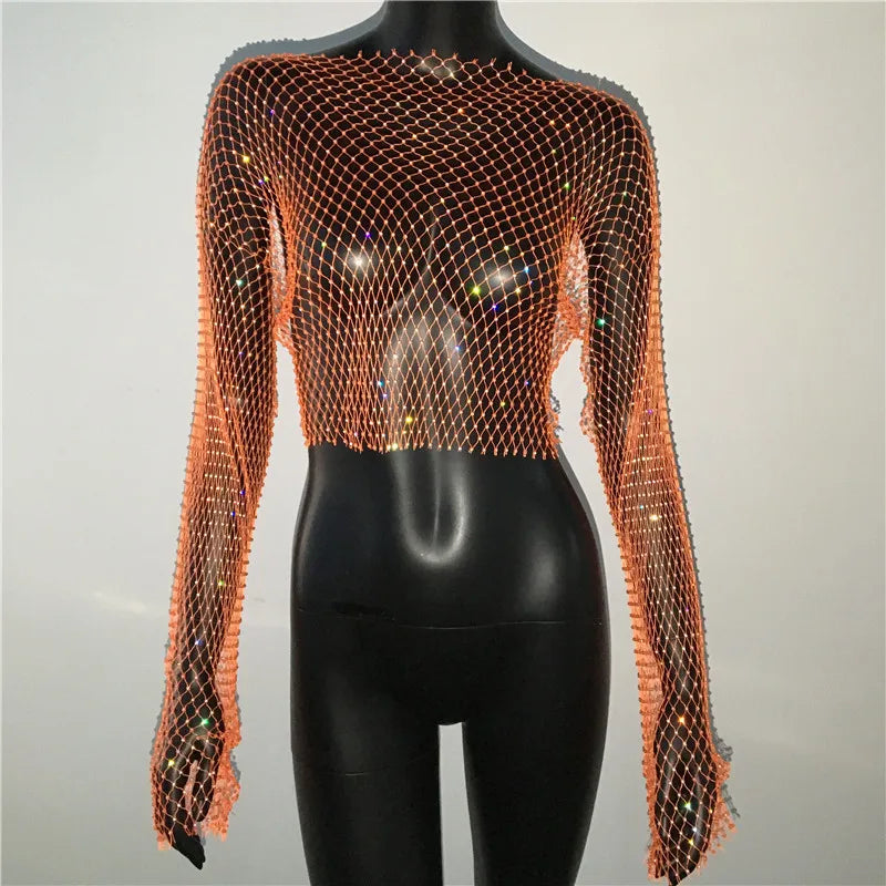 Autumn Women Sexy See Through Fishnet T Shirt Glitter Rhinestone Hollow Mesh Long Sleeve Crop Tops Nightclub Party Festival Top