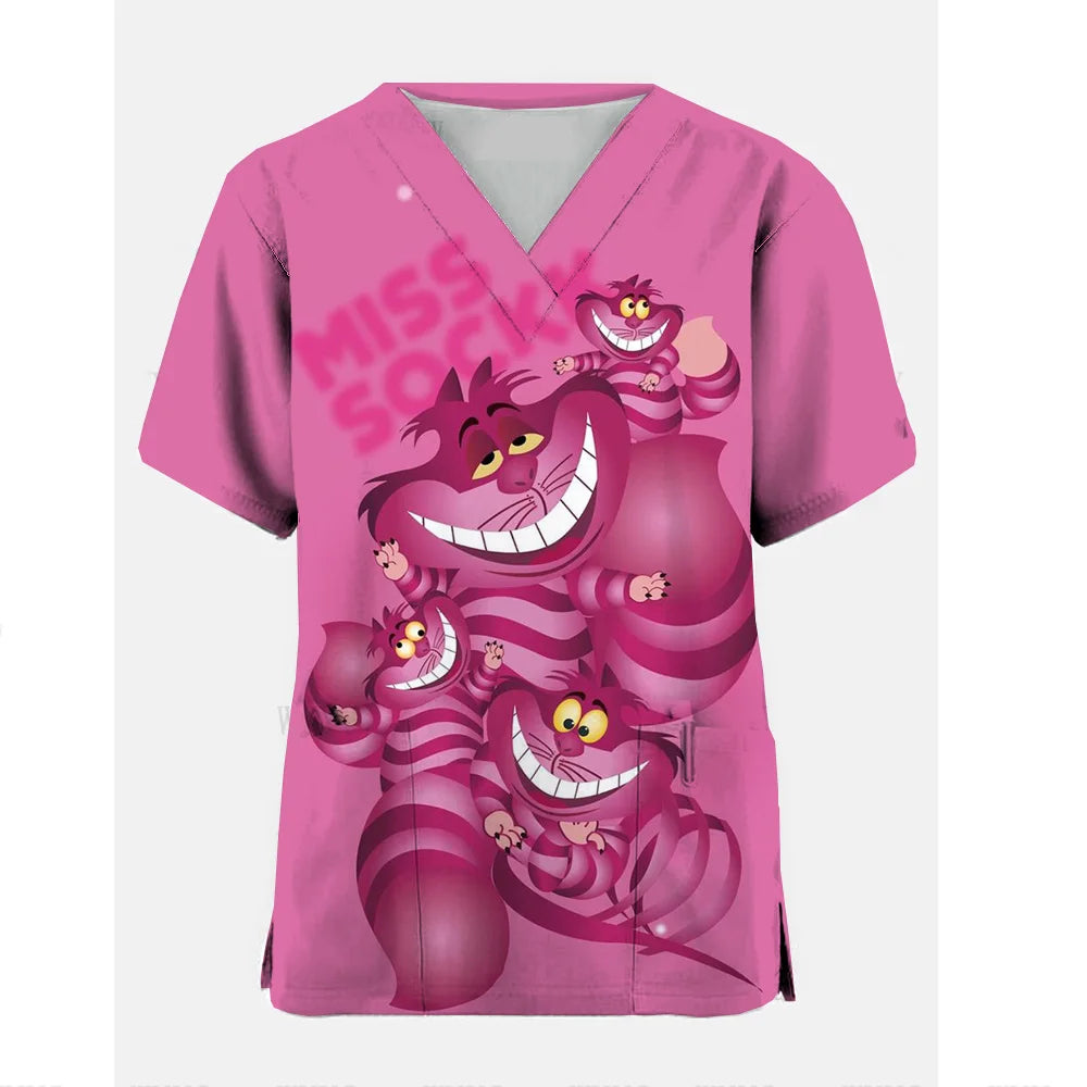 Disney Cheshire Cat Uniform Blouse Women Pullovers Nurse Uniform Working Casual Tops Scrub Nursing Nurse Medical Uniforms Shirts