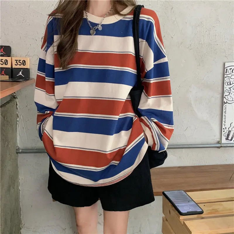 Multi Striped Patchwork Loose T-shirts Summer Women O-Neck Long Sleeve School Tee Tops CDPF-6851